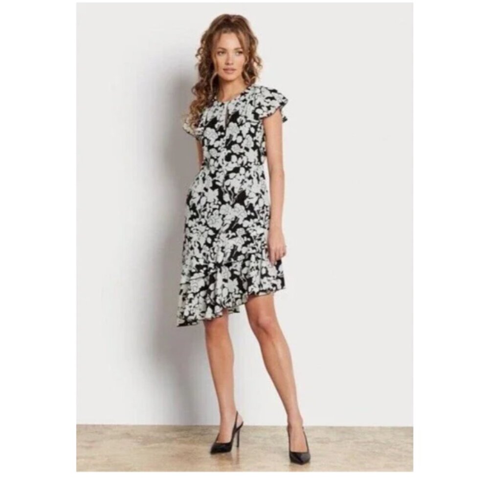 Sam Edelman Asymmetrical Black and White Floral Ruffle Sleeve Dress size 8